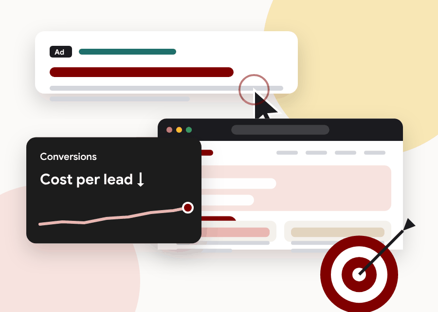 Illustration of a paid search ad leading to a matched landing page and a conversions chart
