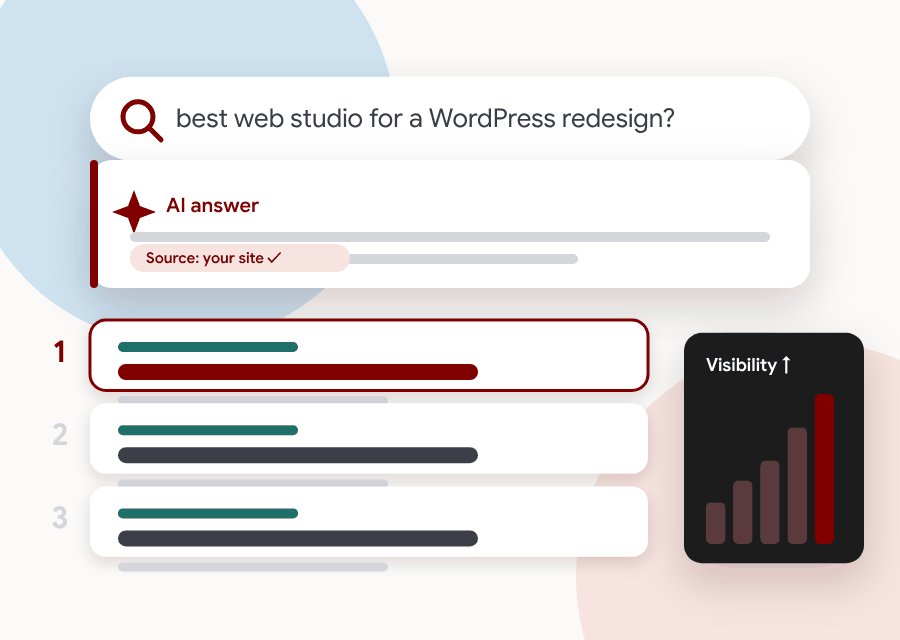 Illustration of a search with an AI answer citing your site and a top-ranked result