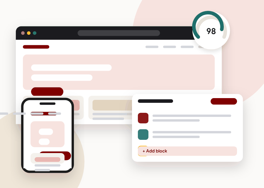 Illustration of a responsive WordPress website on desktop and phone with the block editor