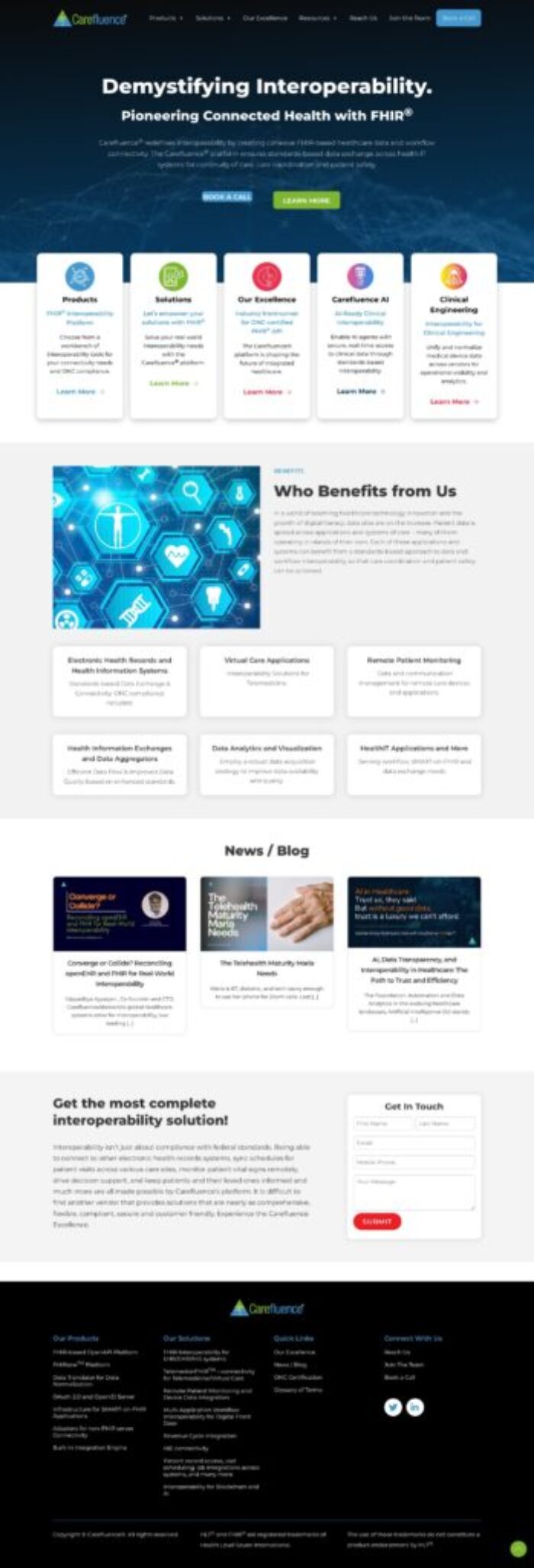 Full-page screenshot of the Carefluence website